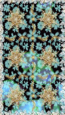 El yapımı dekoratif çerçeve, albüm kapağı, tebrik kartı, klasik Art deco tarzı. Raster soyut çiçek çelengi altın karalama fantezi yaprakları ve siyah renklerde çiçek.