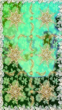 Yeşil ve nötr renklerde, altın elementlerle klasik, pürüzsüz desen. Noel 2019, kar tanesi, yeni yıl.