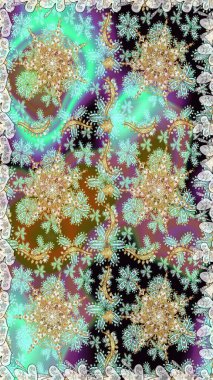 Altın çiçekli, pürüzsüz desen. Tarafsız ve kahverengi renklerde altın bir element. Damask arkaplanı. Barok tarzında altın çiçekli süs..