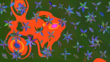 Raster düz çiçek çizim deseni. Hediye ambalaj kağıdı, tebrik kartları, posterler ve pankart tasarımı. Yeşil ve turuncu renkte çiçekler.