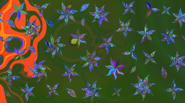 Klasik çiçek tasarımı elementleri. Yeşil ve turuncu kıvırcık çiçekler yeşil ve turuncu renklerde şekillenir. Raster illüstrasyonu.