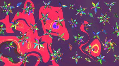 Raster illustration. Watercolor, hand drawn. Wild flowers with leaves on purple and pink colors. Sketch background pattern.