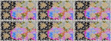 Senin tasarımın için, duvar kağıdı. Gri ve nötr renklerde, altın çiçekli altın desenler. Raster geometrik arka plan. Altın rengi kusursuz illüstrasyon.