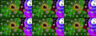 Parlak çiçekli yeşil ve mor renkler üzerine soyut çizim deseni. Çiçeksel elementlerle süslenmiş zarif raster dokusu. Küçük çiçekte şirin bir çiçek deseni var..