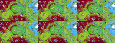 Raster illüstrasyonundaki çiçek desenli çizim. Yeşil ve kırmızı renkte çiçekler. Renkli Bahar Teması eskiz kalıbı. Düz Çiçek Elementleri Tasarımı.