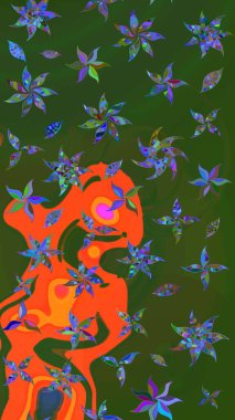 Manzaralı çiçek deseni. Çiçek kompozisyonu, el boyası, hassas şablon. Üst manzara, yumuşak yeşil ve turuncu renkli. Sevgililer günü ve tebrik kartı konsepti için şık bir davet.