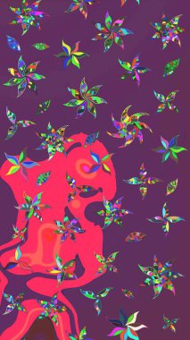 Suluboya elle çizilmiş çiçek desenli eskiz deseni. Parlak renkli fantezi çiçekleri, yapraklar, mor ve pembe renkli tomurcuklar mor ve pembe.