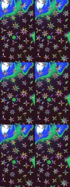 Raster illüstrasyonundaki çiçek desenli çizim. Kahverengi ve mavi renkli çiçekler. Renkli Yaz Temalı eskiz kalıbı. Düz Çiçek Elementleri Tasarımı.