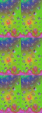 Çiçekli karalama şeklinde Raster çiçek deseni. Nazik, narin çiçek arkaplanı. Yeşil ve mor renkte çiçekler.