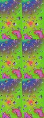 3D çiçekler, eskiz. Raster illüstrasyonu. Yeşil ve mor renklerde.