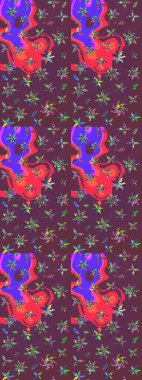 Suluboya elle çizilmiş çiçek desenli eskiz deseni. Parlak renkli fantezi çiçekleri, yapraklar, kahverengi ve mor renkli tomurcuklar kahverengi ve mor.