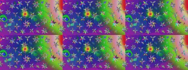 Raster illüstrasyonu. Yeşil ve mavi renkte çiçekler. Asya tekstil tarzında. Çiçek desenli çizim. Raster illüstrasyonu.