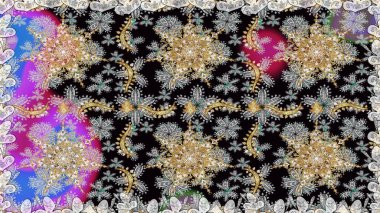 Raster illüstrasyonu. Klasik çiçek dokusu. Altın şablon. Kart, duvar kağıdı, ambalaj ve tekstil için klasik tasarım. Kusursuz desenli altın elementler. Gri renkli Royal retro.