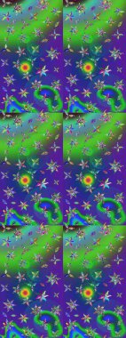 Arkaplan dokusu, duvar kağıdı, yeşil ve mavi renkli çiçek teması. Soyut etnik raster çizim kalıbı. Kabile sanatı boho baskısı, klasik çiçek arkaplanı.