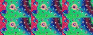 Raster illüstrasyonundaki çiçek desenli çizim. Yeşil ve mavi renklerde. Güzel kumaş deseni. Raster illüstrasyonu.