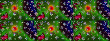 Motley illüstrasyonu. Küçük renkli çiçekler. Küçük çiçekte güzel bir desen. Moda baskıları için zarif bir şablon. Yeşil ve siyah çiçekli bahar çiçekleri.