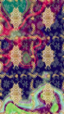 Barok tarzında altın çiçekli süs. Antika altın tekrarlanabilir duvar kağıdı. Damask çizimi tekrarlanıyor. Mavi renklerdeki altın element.