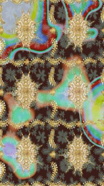 Çiçek süsü kumaş deseni, cam, altın elementlerle kahverengi renklerde çiçek desenli metal. Klasik Raster altın eskiz modeli..