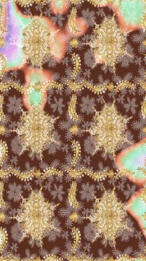 Klasik altın desenli eskiz. Raster illüstrasyonu. Tekrarlayan elementlerle soyut arkaplan oluşturun. Kahverengi renkler ve altın elementler üzerine altın çizim deseni.