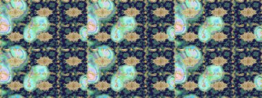 Raster illüstrasyonu. Altın elementli mavi renkler. Raster altın desen. Doğu tarzı arabesk. Altın desenli bukleler çiz.