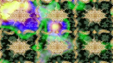 Kraliyet lüksü, altın barok kumaş rengi eskiz. Raster eskiz deseni altın antika ortaçağ dekoratifi, yapraklar ve yeşil renkli altın desenli süslemeler..