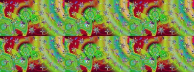 Renkli desenli eskiz deseni, yeşil ve kırmızı çiçekler ve dekoratif elementler. Eskiz geçmişi. Raster illüstrasyonu. Kumaş, tekstil, duvar kağıdı baskısı için. Antika retro tarzı.