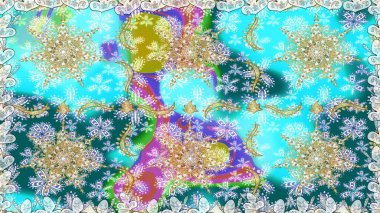 Raster geometrik arka plan. Altın rengi, kusursuz çizim. Mavi renklerde altın rengi, altın çiçekli desenler. Senin tasarımın için, duvar kağıdı..