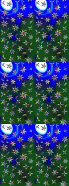 Yeşil ve mavi renkte güzel çiçekler, suluboya desenli, duvar kağıdı, kart ya da kumaş için fayanslı eskizler. Raster..