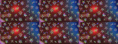 Raster illüstrasyonu. Yumuşak, bahar çiçekleri kahverengi ve mor renklerde. Çiçek ve yapraklı karalama şeklinde Raster çiçek deseni.