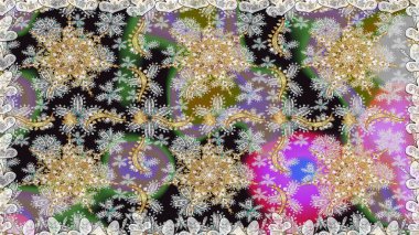 Geleneksel raster ve altın desen. Damask pürüzsüz süsü. Gri renkler üzerinde klasik oryantal desen.