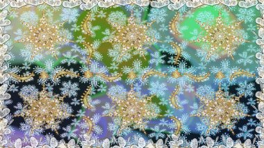 Altın desenli çiçek dekoru. Davetiyeler, kartlar, web sayfası için Raster illüstrasyon. Tarafsız renklerde altın element. Çizgi sanatı tasarım şablonu için kusursuz sınır. Doğu tarzı ögesi.