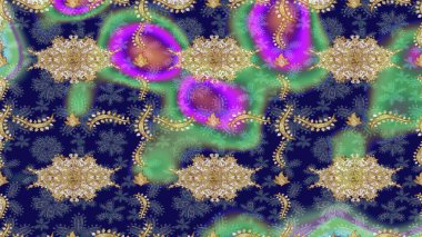 Kraliyet retro 'su mavi renkte. Raster illüstrasyonu. Kart, duvar kağıdı, ambalaj ve tekstil için klasik tasarım. Klasik çiçek dokusu. Eskiz kalıbı altın elementler. Altın şablon.