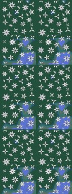 Raster illüstrasyonu. Çiçekli yumuşak bir eskiz şekli. Raster çiçekleri klasik tarzda çizilmiş. Yeşil ve mavi renklerde bahar çiçekleri..