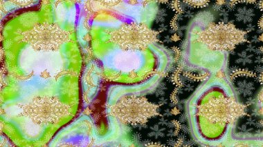 Tarafsız renklerde altın elementlerle çizim. Altın şablonu çiz. Raster doğulu süsü.