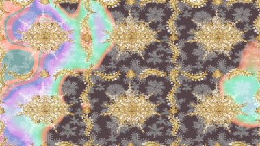 Kahverengi renklerde altın desenler ve altın elementler. Raster oryantal süs. Barok tarzında eskiz oryantal süsü. Geleneksel klasik altın desen.