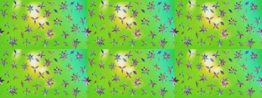 Yeşil ve sarı renkli çiçekler. Hediye ambalaj kağıdı, tebrik kartları, posterler ve pankart tasarımı. Raster düz çiçek çizim deseni.
