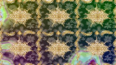 Antika altın tekrarlanabilir duvar kağıdı. Damask çizim kalıbı arka planı tekrarlıyor. Yeşil renklerdeki altın element. Barok tarzında altın çiçek süsü..