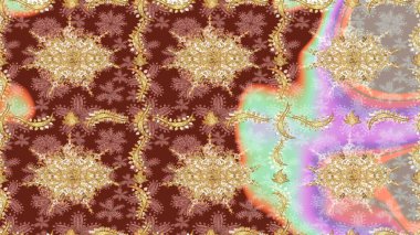 Raster altın tekstil baskısı. Çiçek kiremitleri. İslam tasarımı. Altın elementlerle bej renklerde altın desen. Çizim desenli oryantal süs.