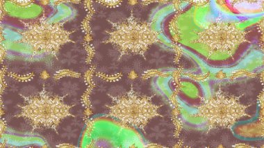 Kahverengi ve altın elementli altın çizim deseni. Raster illüstrasyonu. Tekrarlayan elementlerle soyut arkaplan oluşturun. Sketch damask klasik altın desen.