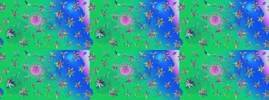 Yeşil ve mavi renkli etnik çiçekli zarif eskiz deseni. Raster Çiçek İllüstrasyonu güzel tekstil..