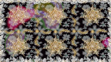 Gri renklerdeki altın element. Altın desenli çiçek dekoru. Çizgi sanatı tasarım şablonu için kusursuz sınır. Doğu tarzı element. Davetiyeler, kartlar, web sayfası için Raster illüstrasyonu.