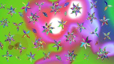 Yeşil ve pembe renklerde. Çiçek buketleriyle klasik bir eskiz şekli. Raster illüstrasyonu.