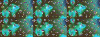 Raster suluboya çiçek deseni, narin çiçekler, yeşil ve mavi çiçekler, tebrik kartı şablonu. Raster Güzel kumaş deseni.