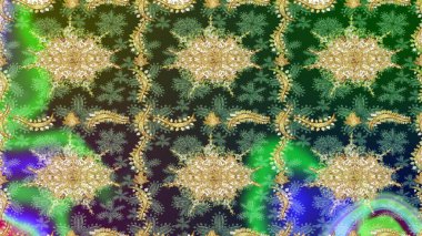 Altın elementli yeşil renklerde altın eskiz deseni. Yeşil renkler ve altın elementler üzerine eskiz modeli. Noel, kar tanesi, yeni yıl.