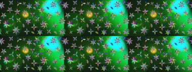 Raster illüstrasyonu. Asya tekstil tarzında. Renkli Bahar Teması eskiz kalıbı. Düz Çiçek Elementleri Tasarımı. Yeşil ve mavi renkte çiçekler. Çiçek desenini çiz.