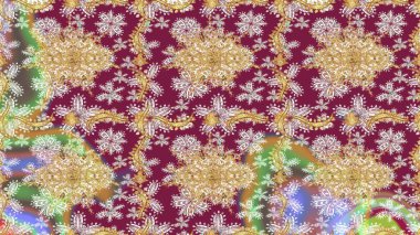 Eskiz oryantal klasik altın desen. Kırmızı renkte altın yinelenen elementler içeren Raster soyut arkaplanı.