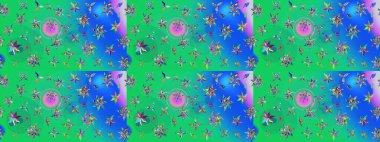 Yeşil ve mavi renkli etnik çiçekli zarif eskiz deseni. Raster Çiçek İllüstrasyonu güzel tekstil..