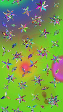 Elle çizilmiş çiçek desenli Raster çizimi. Tekstil, kumaş, ambalaj, hatıra defteri için hoş bir çiçek arkaplanı. Çocuksu tasarım. Yeşil ve mor arka planda.