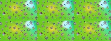 Soyut etnik raster çizim kalıbı. Vadinin yeşil ve mavi renkli çiçekleri. Çiçekler..