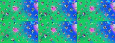 Raster illüstrasyonu. Raster illüstrasyonu. Yeşil ve mavi renkte çiçekler. Asya tekstil tarzında. Çiçek desenini çiz.
